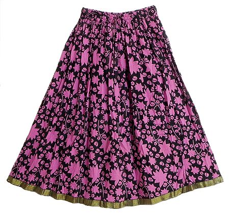 Black Cotton Skirt with Dark Pink Block Print