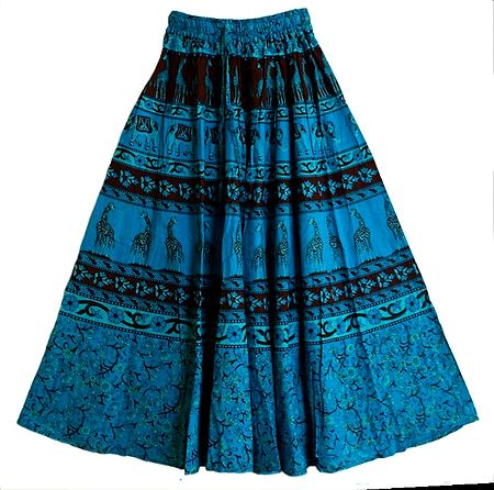 Black and Light Cyan Sanganeri Block Print on Dark Cyan Cotton Long Skirt
