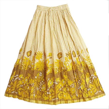 Yellow with Brown Floral Print on White Long Skirt with Zari Border