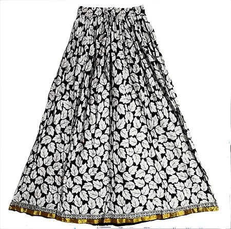 White Leaf Print on Black Long Skirt with Zari Border