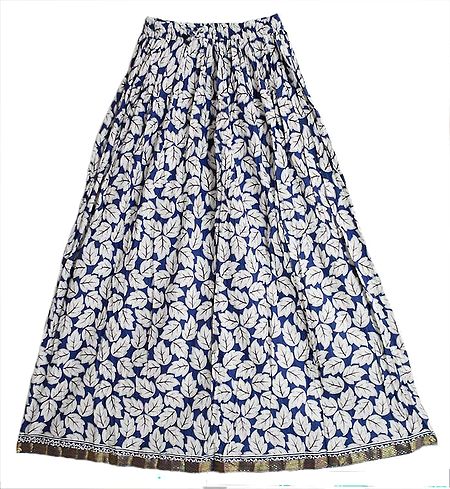 White Leaf Print on Blue Long Skirt with Zari Border