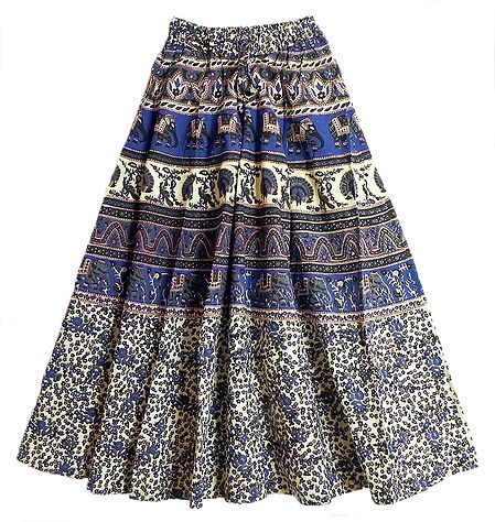 Blue, Grey, Black with Off-White Sanganeri Print Long Skirt with Elephants and Peacocks