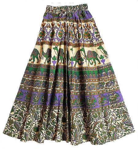 Green, Brown, Mauve with Off-White Sanganeri Print Long Skirt with Elephants and Camels
