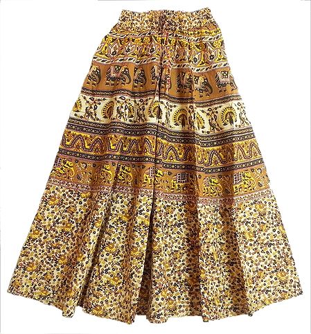 Yellow, Brown, Black with Off-White Long Skirt with Elephants and Peacocks