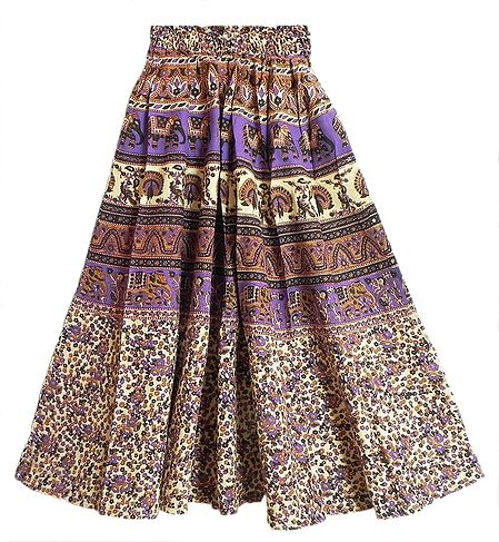 Mauve, Black, brown and Beige Long Skirt with Printed Elephants and Peacocks