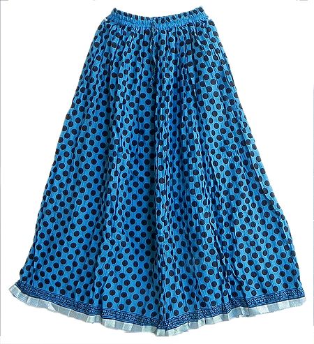 Blue Cotton Long Skirt  with Black Polka Print