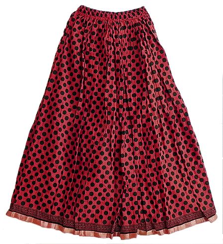 Red Cotton Long Skirt  with Black Polka Print