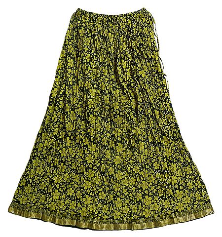 Yellow Floral Print on Black Cotton Crushed Skirt