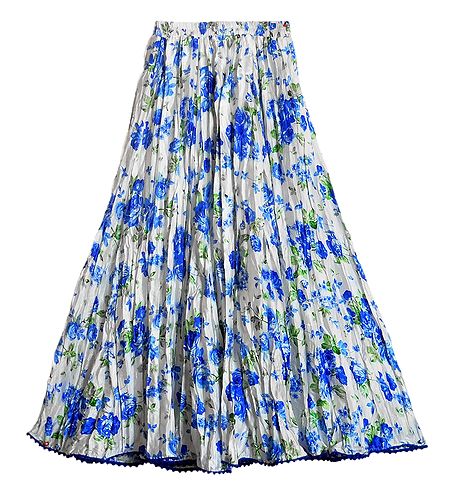Blue Floral Print on White Satin Long Skirt