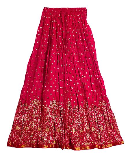 Print on Red Crushed Cotton Long Skirt