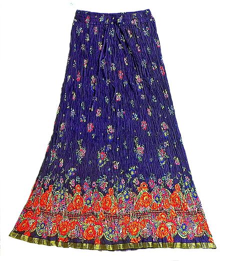 Purple Crushed Cotton Skirt with Red,Saffron and Green Block Print