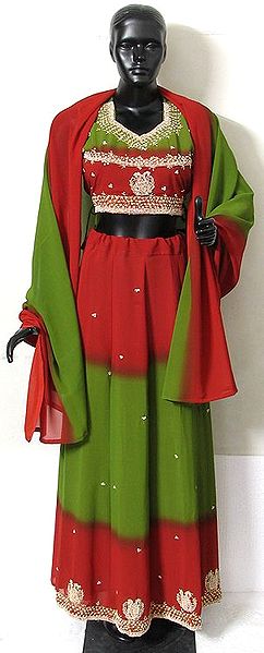 Red and Green Georgette Ghagra Choli with matching Dupatta