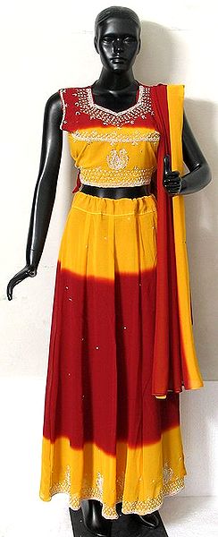 Red and Yellow Georgette Ghagra Choli with matching Dupatta