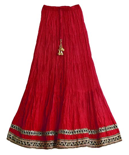 Red Cotton Crushed Skirt with Zari Border