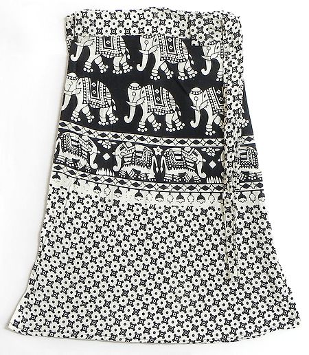 Black Elephant Print on Knee Length White Wrap Around