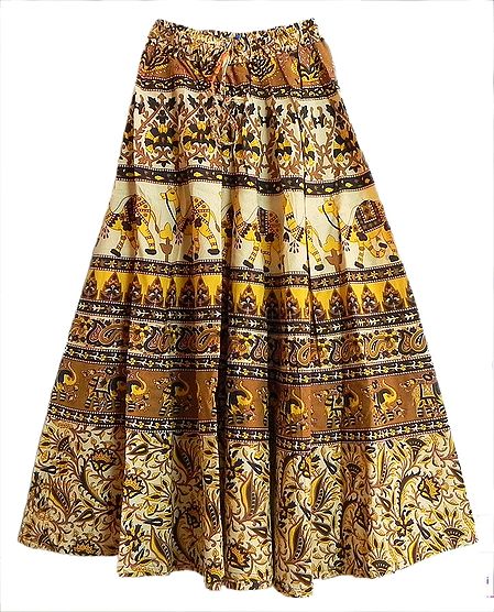 Brown, Black and Yellow Long Skirt with Printed Elephants and Camels