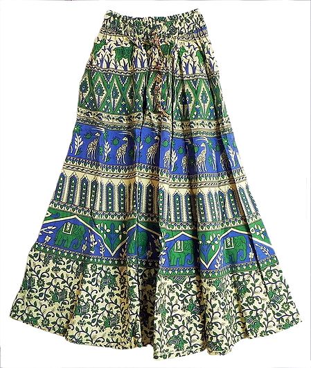 Blue, Green and Off-White Sanganeri Print Long Skirt with Elephants, Giraffes and Deers