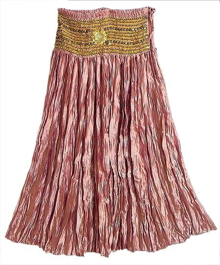 Copper Red Satin Silk Crushed Gypsy Long Skirt With Sequined Waist Band