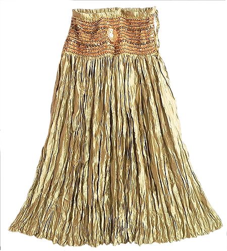 Golden Yellow Satin Silk Gypsy Crushed Long Skirt With Sequined Waist Band