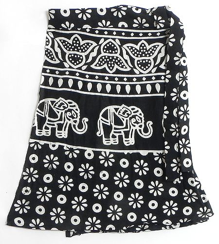 White Elephant Print on Knee Length Black Wrap Around