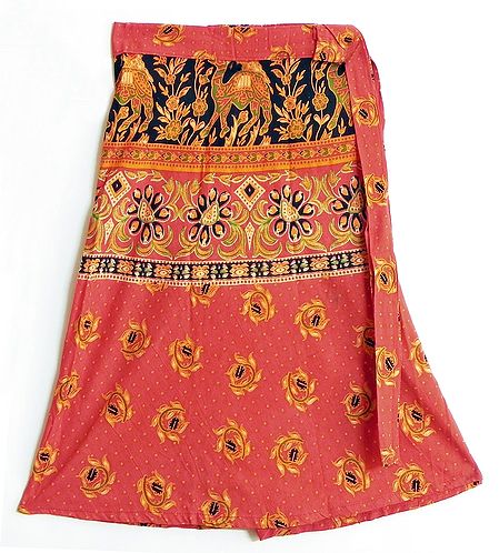 Saffron, Green and Black Flower and Camel Print on Knee Length Red Wrap Around