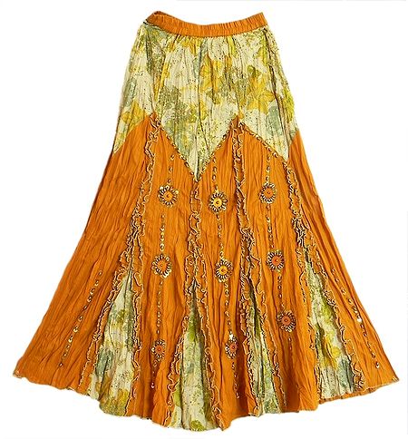 Chrome Yellow with Off White Printed Gypsy Skirt with Bead and Sequin Work