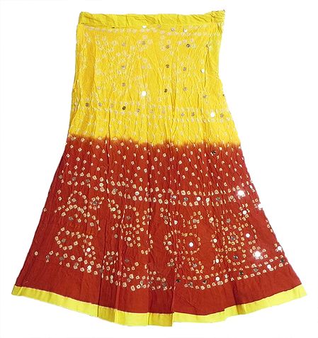 Light Yellow with Dark Saffron Tie and Dye Knee Length Skirt with Sequins