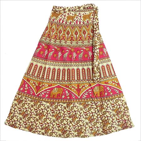 Red, Brown and Off-White Sanganeri Print Wrap Around Skirt with Elephants, Giraffes and Deers