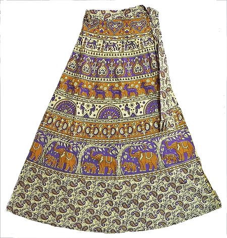 Mauve, Brown and Off-White Wrap Around Skirt with Printed Elephants, Horses and Deers