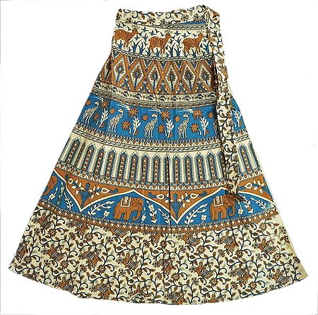 Blue, Brown and Off-White Wrap Around Skirt with Elephants, Giraffes and Deers