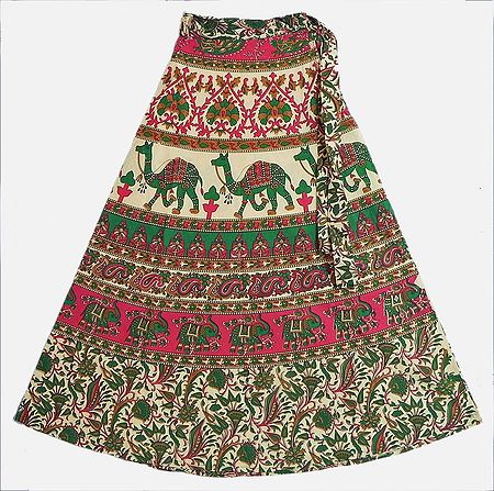 Green, Red and Off-White Wrap Around Skirt with Elephants and Camels