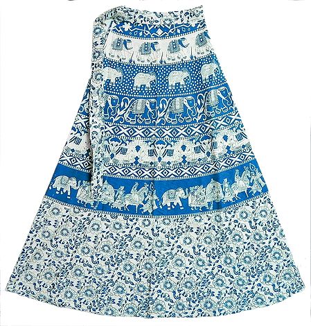 Blue and White Sanganeri Print Wrap Around Long Skirt with Royal Procession