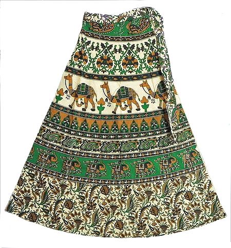 Green,brown,Black and Off-White Wrap Around Skirt with Printed Elephants and Camels