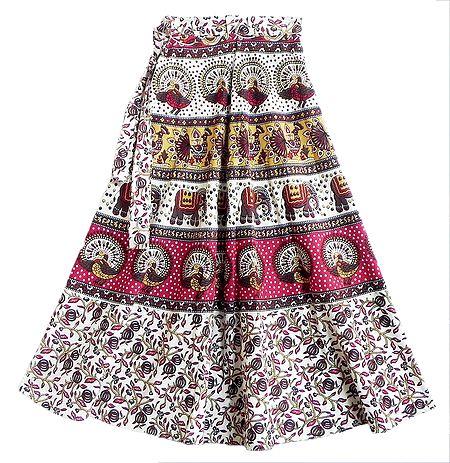 Yellow, Brown and Red Print on Off-White Wrap Around Skirt with Printed Elephants and Peacocks
