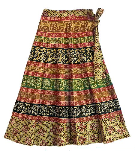 Multicolor Wrap Around Skirt with Printed Elephants, Horses and Roses