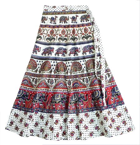 Red and Blue Print on White Wrap Around Skirt with Printed Elephants, Camels and Peacocks