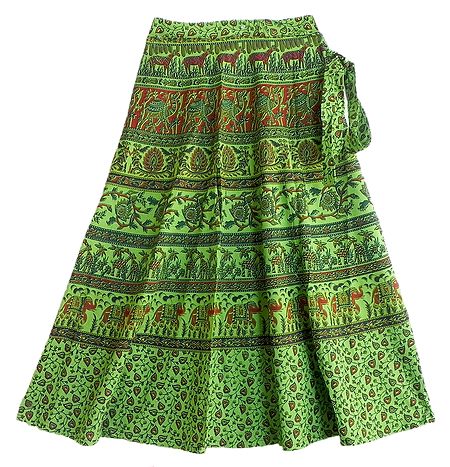 Red and Black Print on Green Wrap Around Skirt with Printed Elephants, Camels, Deers and Peacocks