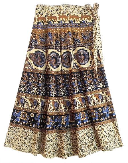 Blue, Brown Print on Black and Light Beige Wrap Around Skirt with Printed Elephants, Deers and Peacocks