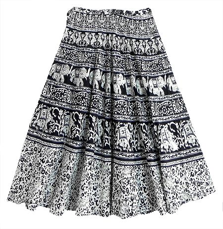 Black and White Wrap Around Skirt with Printed Elephants, Camels and Deers