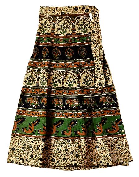 Elephants, Peacocks and Flower Print on Light Beige Wrap Around Cotton Skirt