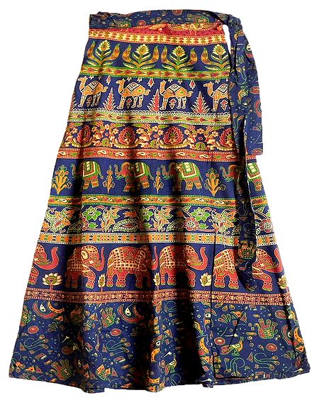Elephants, Camels and Flower Print on Blue Wrap Around Cotton Skirt