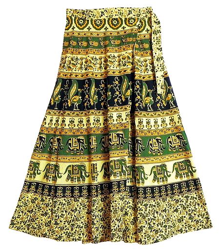 Elephants, Peacocks and Flower Print on Light Yellow Wrap Around Cotton Skirt