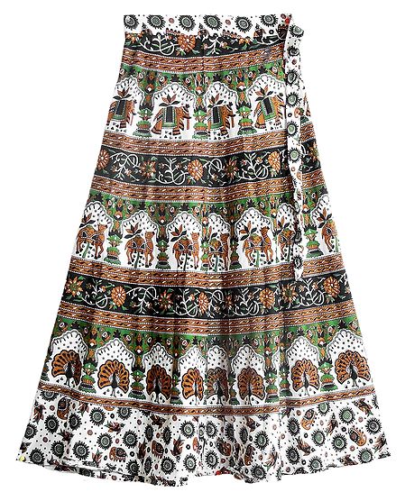 Sangenari Block Print on Green and White Cotton Long Skirt