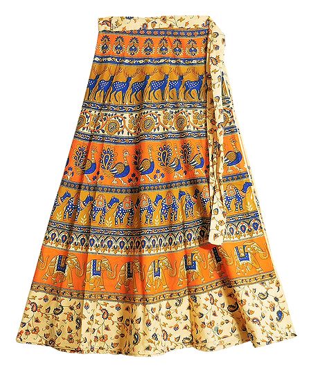 Animal Print on Beige and Saffron Wrap Around Cotton Skirt