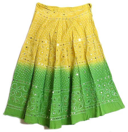 Yellow and Green Tie and Dye  Skirt with Mirrorwork