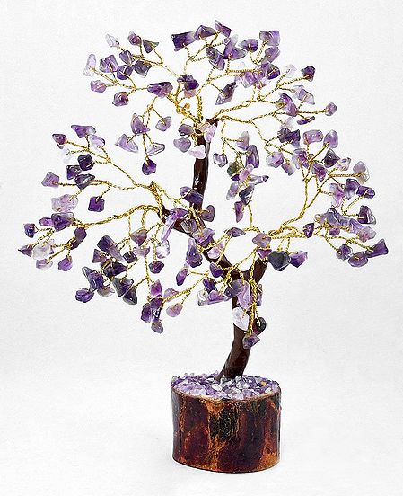 160 Amethyst Stone Chips Wire Tree on Wood Base