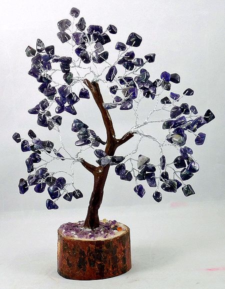 160 Amethyst Stone Chips Wire Tree on Wood Base