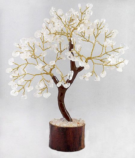 160 Crystal Quartz Stone Chips Wire Tree on Wood Base
