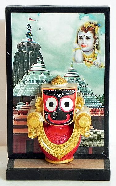 Jagannathdev with Krishna Photo and   Puri Temple as Backdrop