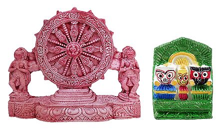 Jagannath, Balaram, Subhadra with Chariot Wheel of Konark Temple